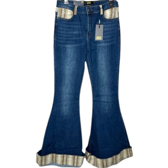 Lucky & Blessed Denim - Dark Wash Flare Jeans | Aztec Print Cuffed Hem | High Rise Stretch | L&B | NWT